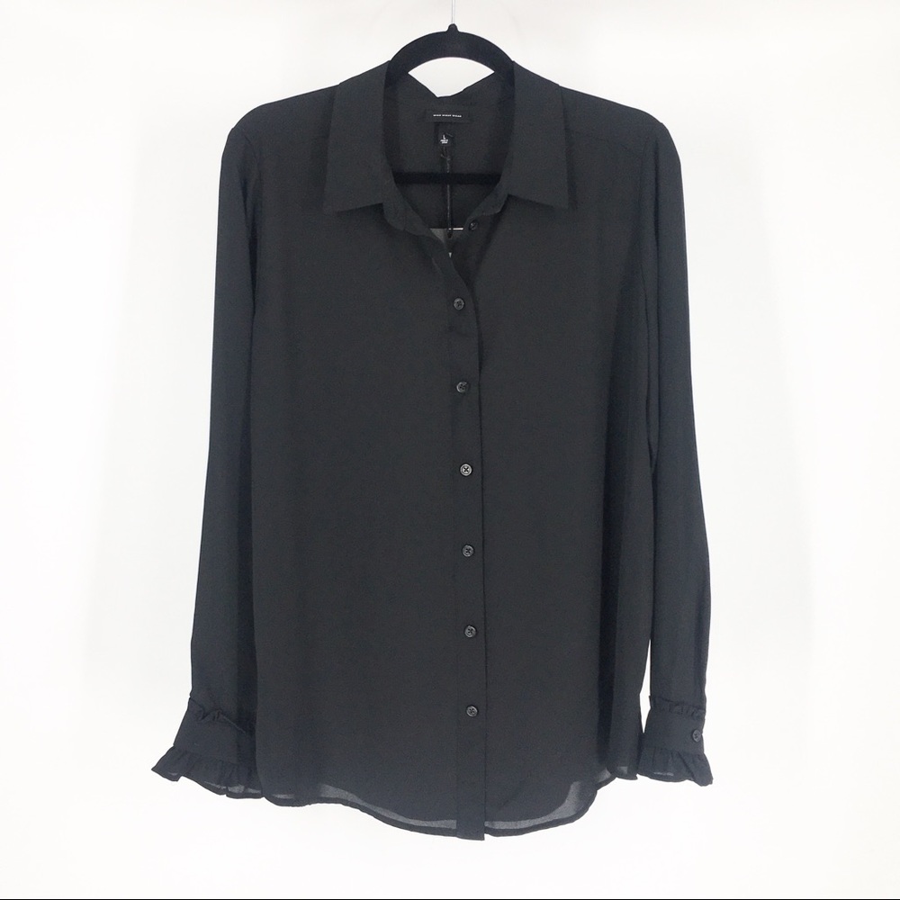 ✨Who what wear black semi sheer ruffle cuff blouse